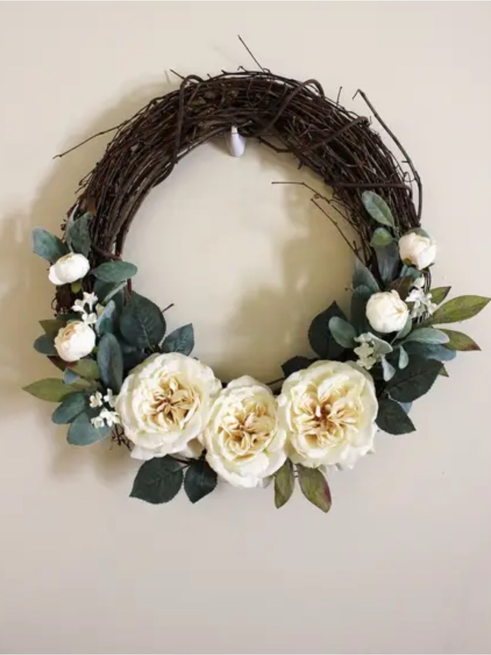Hand Crafted Farmhouse Cream Rose Wreath Grapevine w/Greenery Custom Final Sale